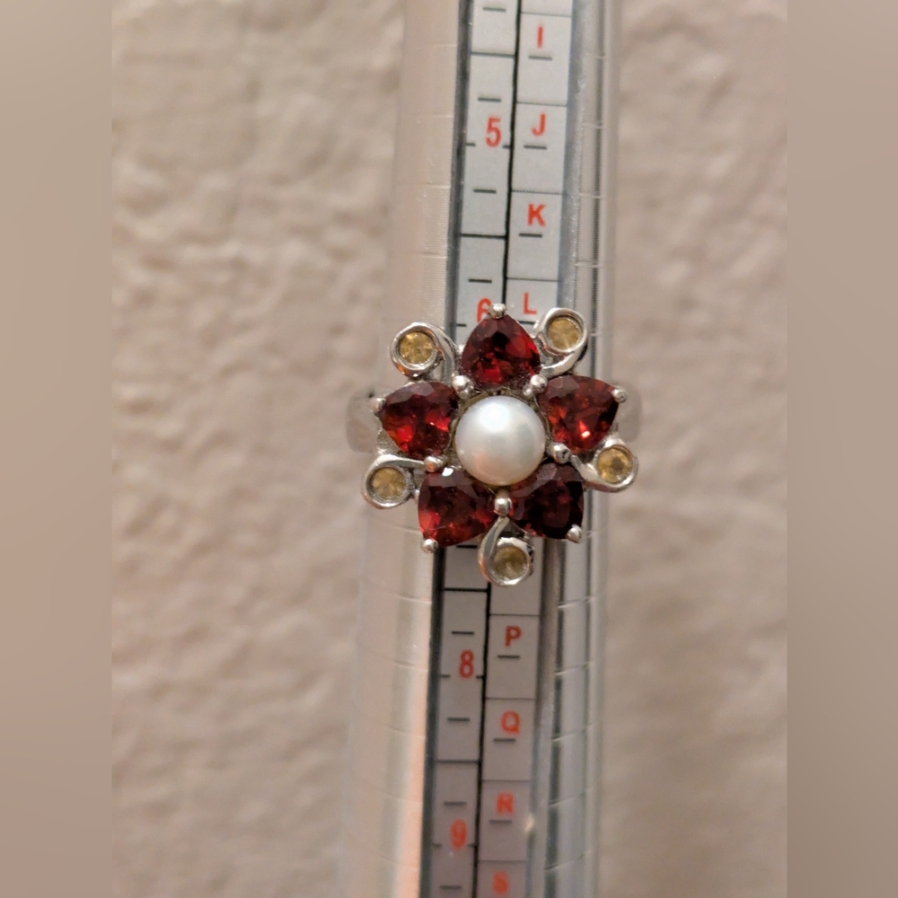 Gorgeous Multi Gemstone, Pearl, Garnet & Citrine Sz 7 Ring